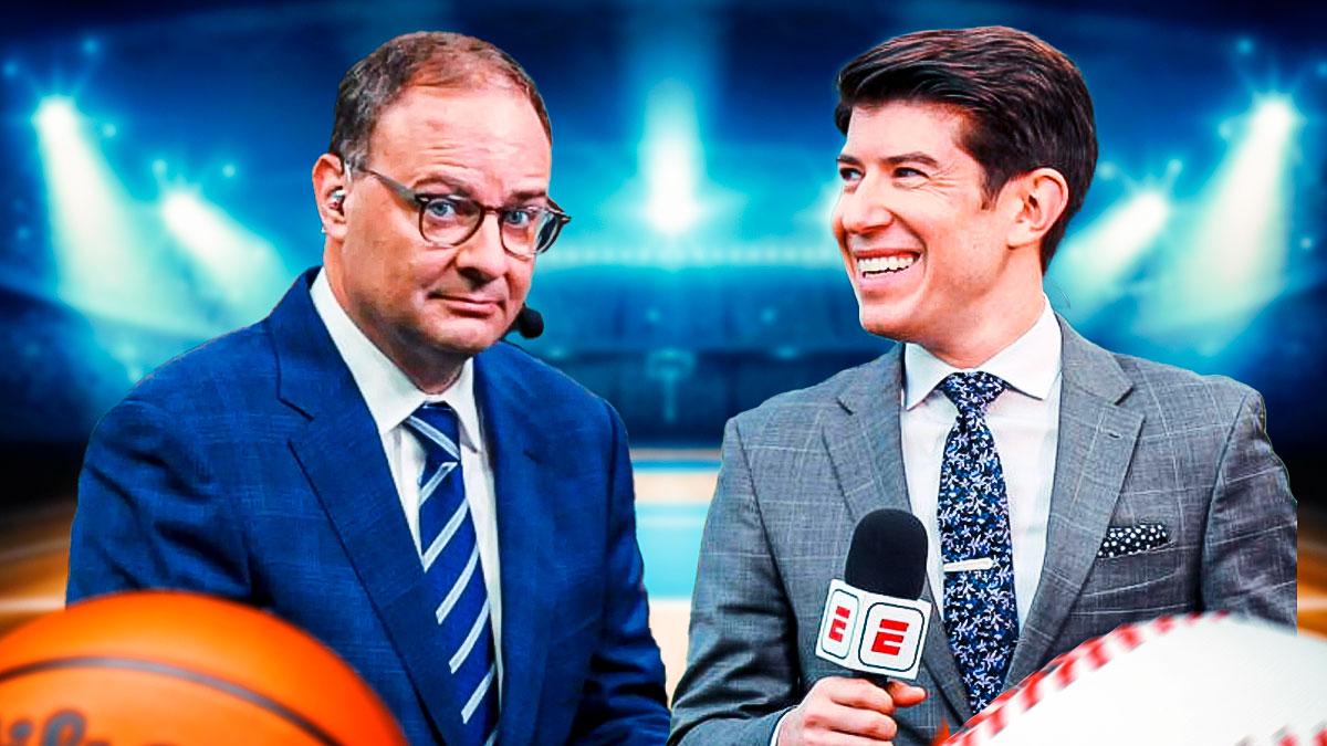 Jeff Passan smiles next to Adrian Wojnarowski