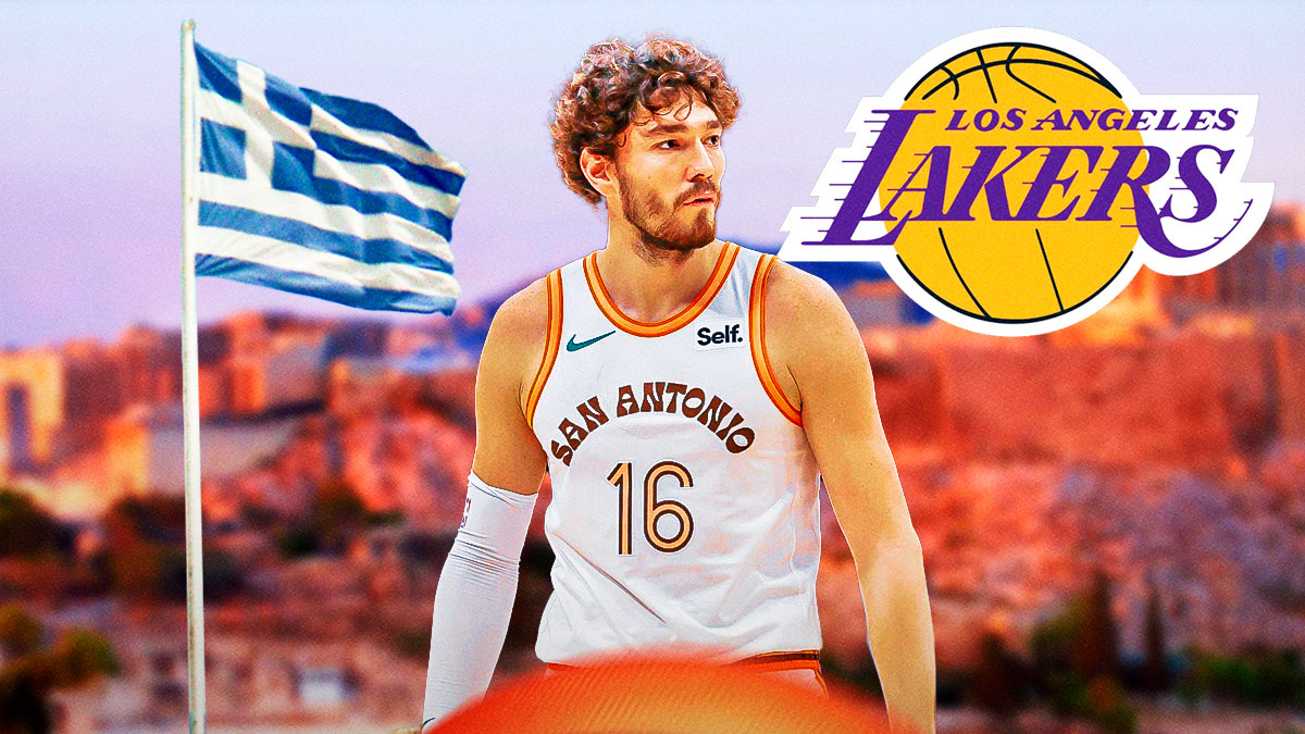 Cedi Osman with shrugged shoulders walking away from a Lakers logo down the path toward the Greece flag