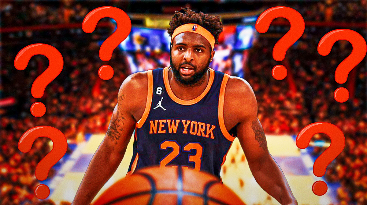 Mitchell Robinsons surrounded by question marks with a Knicks-themed BG.