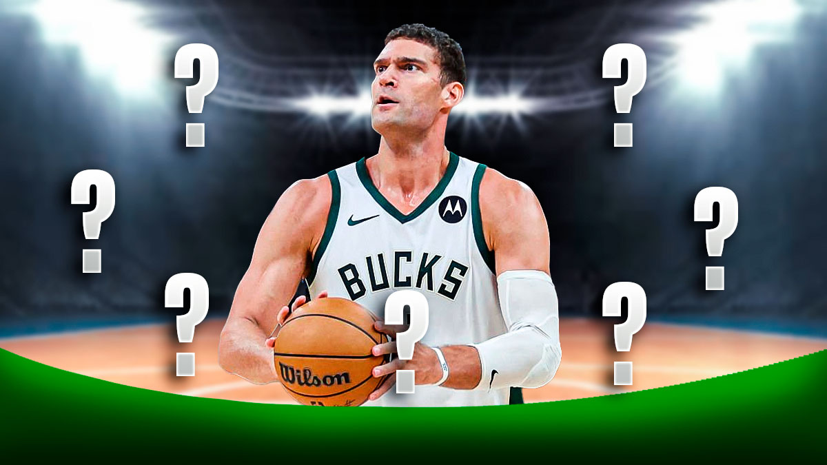 Brook Lopez in a Bucks jersey with question marks surrounding him.