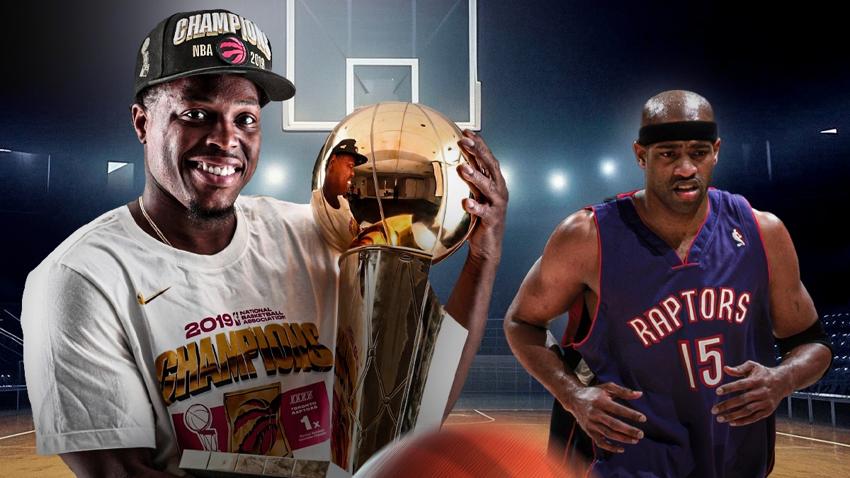 Raptors' Kyle Lowry holding the 2019 NBA championship alongside a sad Vince Carter (Raptors version)