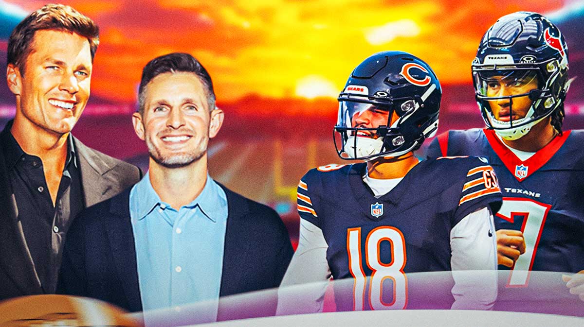Tom Brady and Dan Orlovsky on one side, C.J. Stroud and Caleb Williams on the other side, a bunch of crying laughing emojis in the background