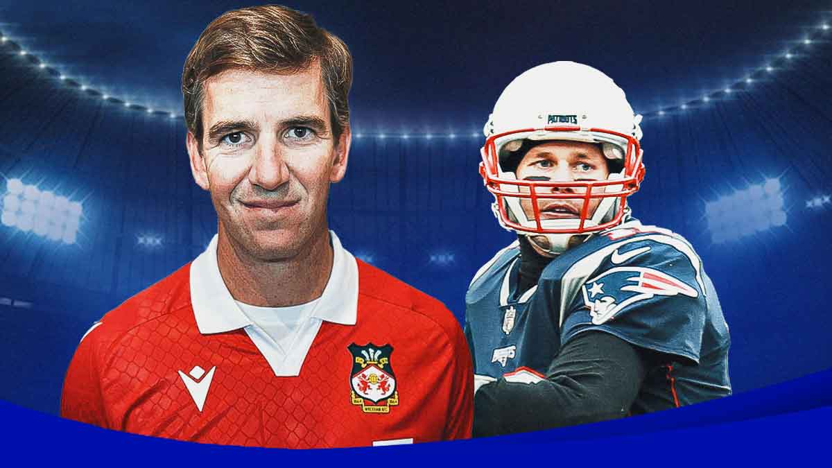 Eli Manning wearing Wrexham kits beside Tom Brady.