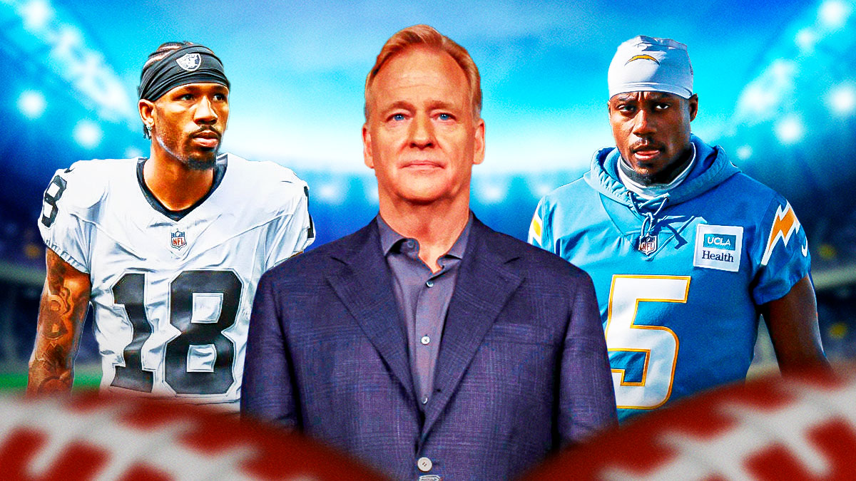 Roger Goodell in the middle, Joshua Palmer on one side, Jack Jones on the other side