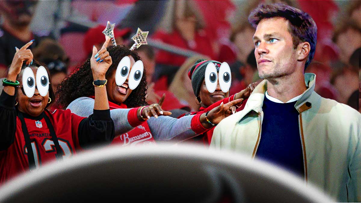 Tom Brady on one side, a bunch of football fans on the other side with the big eyes emoji around them