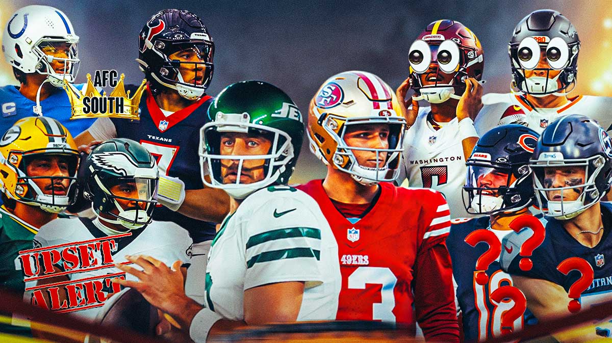 Jets Aaron Rodgers and 49ers Brock Purdy large and in the center surrounded by: - Packers Jordan Love and Eagles Jalen Hurts with "UPSET ALERT" stamped over them - Titans Will Levis and Bears Caleb Williams with question marks around them - Colts Anthony Richardson and Texans CJ Stroud with a crown that says AFC South between them - Broncos Bo Nix and Commanders Jaylen Daniels both with emoji eyes for eyes