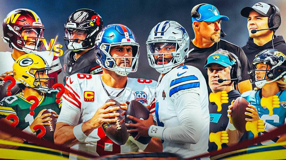 It's the NFL Week 4 picks, predictions, and odds column with a collage of - - Giants Daniel Jones and Cowboys Dak Prescott large and in the middle - Packers Jordan love with question marks around him - Jaguars Doug Pederson and Trevor Lawrence with thumbs down emojis on them - Commanders Jayden Daniels "VS" Cardinals Kyler Murray - Seahawks coach Mike Macdonald nose-to-nose with Lions Dan Campbell