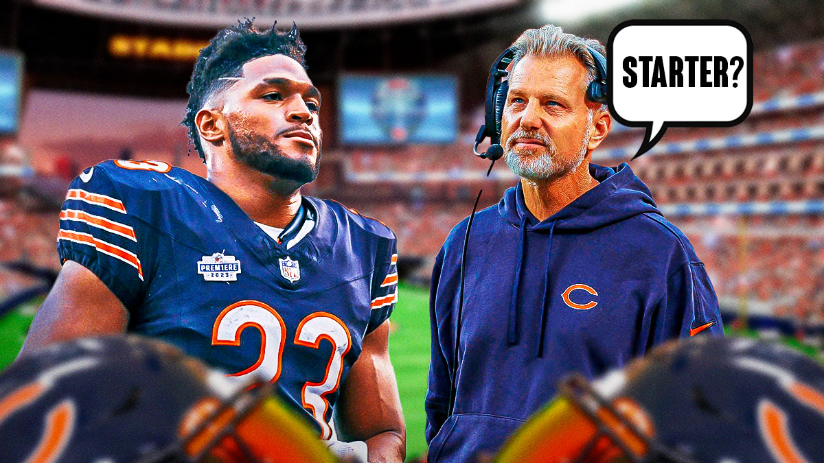 Chicago Bears running back Roschon Johnson smiling, with a photo of Bears head coach Matt Eberflus beside him. Eberflus has a thought bubble that says "Starter?"