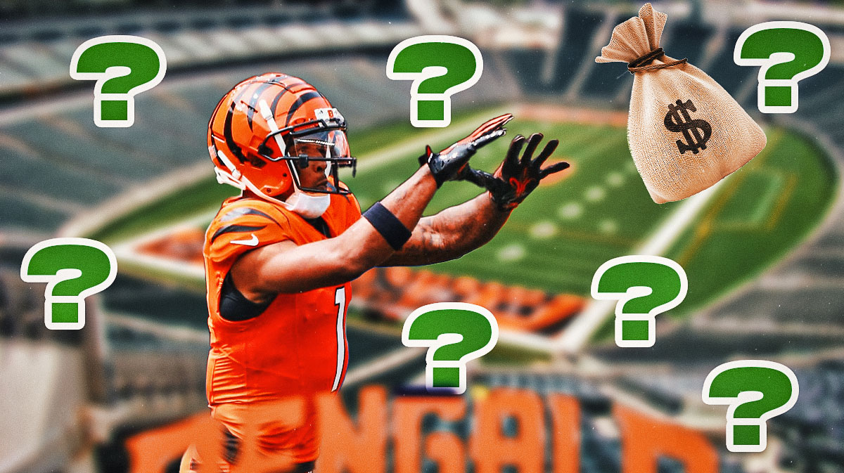 Ja'Marr Chase in a Cincinnati Bengals uniform reaching out to make a catch but replace the ball with a bag of money with a dollar sign on it. Also little green question marks floating around the image as Chase still doesn't have a new contract with the Bengals.