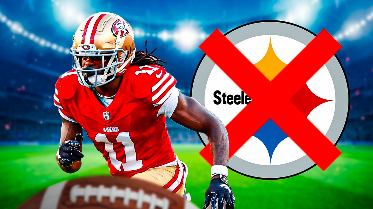 Brandon Aiyuk next to Steelers logo with cross or X through it