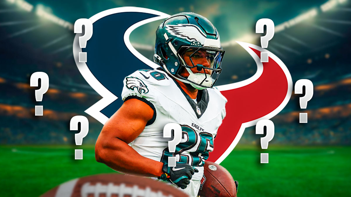 Philadelphia Eagles RB Saquon Barkley surrounded by question mark emojis. There is also a logo for the Houston Texans.