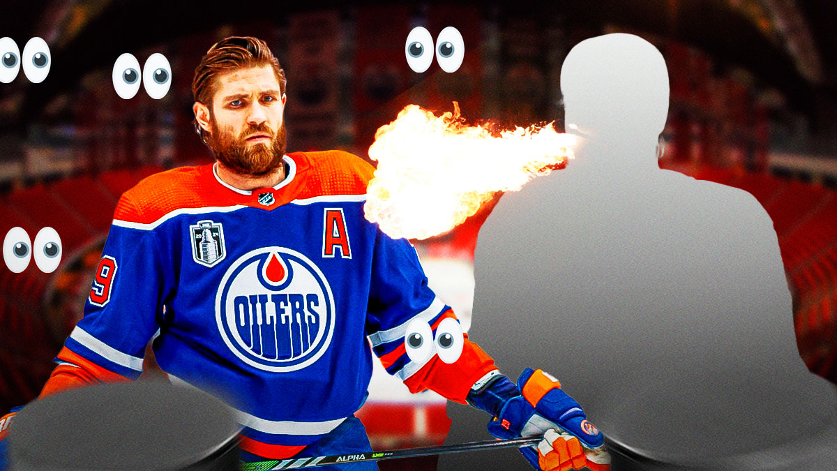 A silhouette of a man on one side breathing fire, Leon Draisaitl on the other side with the big eyes emoji around him