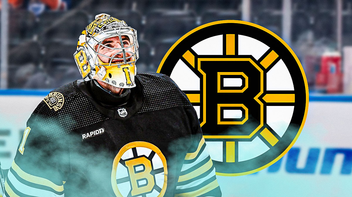 Boston Bruins goaltender Jeremy Swayman and the Bruins logo
