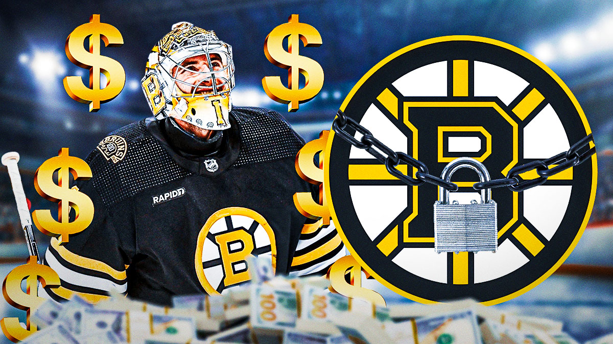 Bruins' Jeremy Swayman surrounded by dollar signs next to a Bruins logo with a big lock attached to it