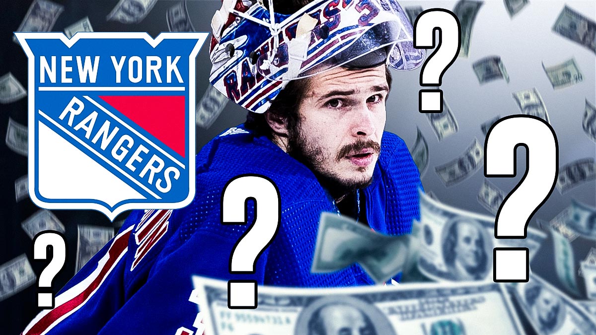 Igor Shesterkin in image looking stern, money in image, 3-5 question marks, New York Rangers logo, hockey rink in background