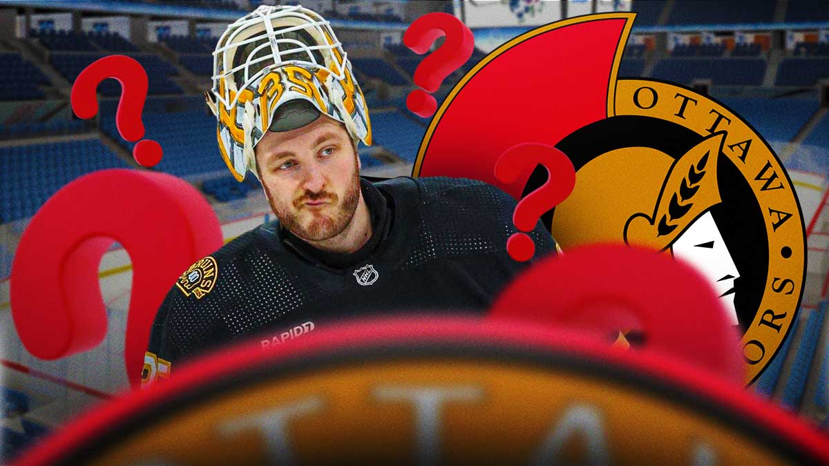 Linus Ullmark in image, Ottawa Senators logo, 3-5 question marks, hockey rink in background