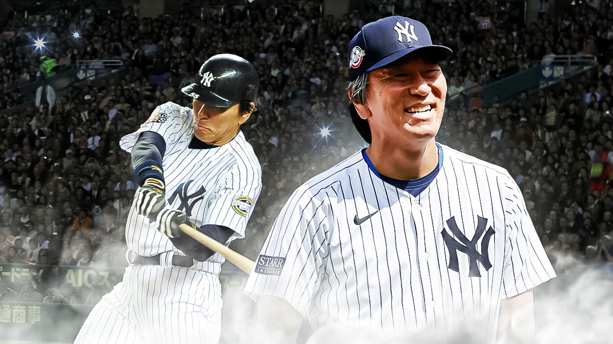 A recent photo of Hideki Matsui in foreground ... Matsui from his playing days swinging the bat in a Yankees jersey with Yankee Stadium in background