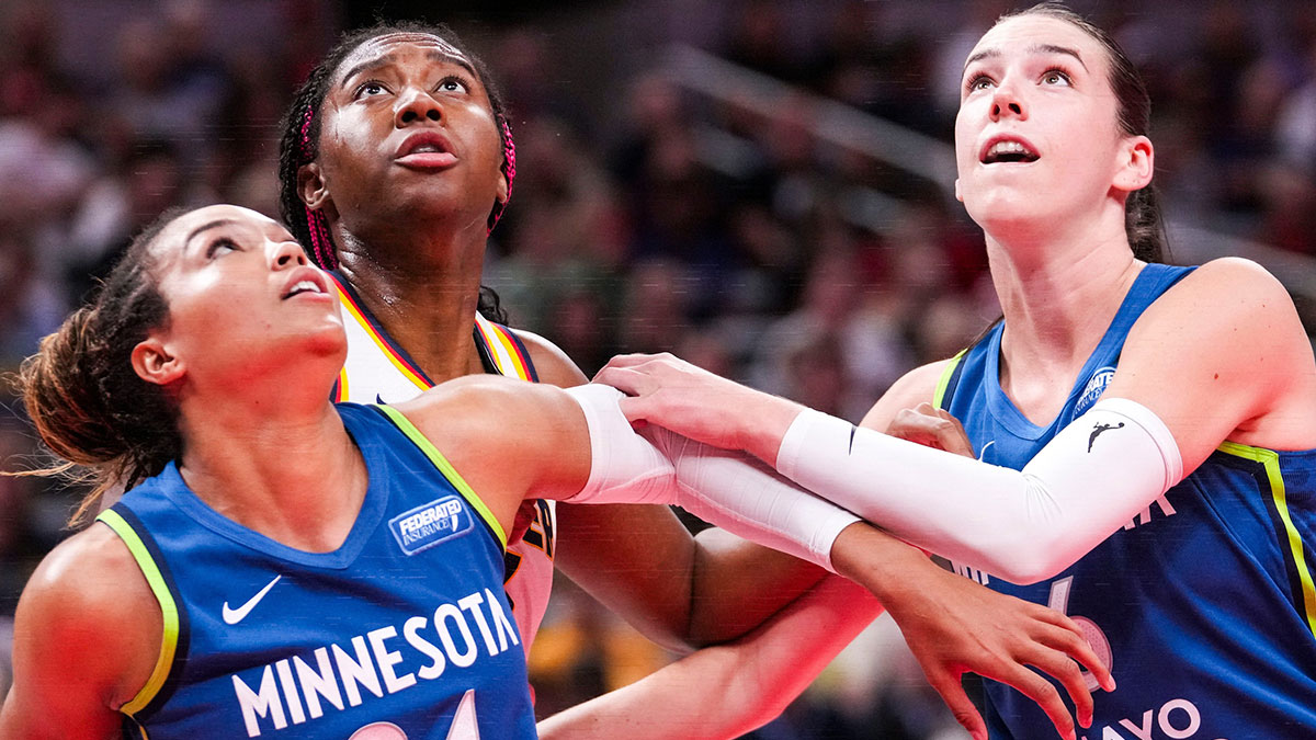 Minnesota Lynx forward Napheesa Collier (24), Indiana Fever forward Aliyah Boston (7), and Minnesota Lynx forward Bridget Carleton (6) watch a free throw Friday, Sept. 6, 2024, during a game between the Indiana Fever and the Minnesota Lynx at Gainbride Fieldhouse in Indianapolis. The Lynx have defeated the Phoenix Mercury in the first round of the WNBA Playoffs.