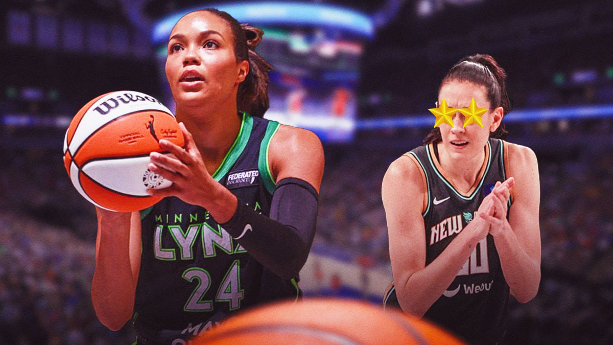 WNBA Minnesota Lynx player Napheesa Collier, and New York Liberty player Breanna Stewart, with stars in Breanna Stewart's eyes as if she is "starstruck" by Napheesa Collier