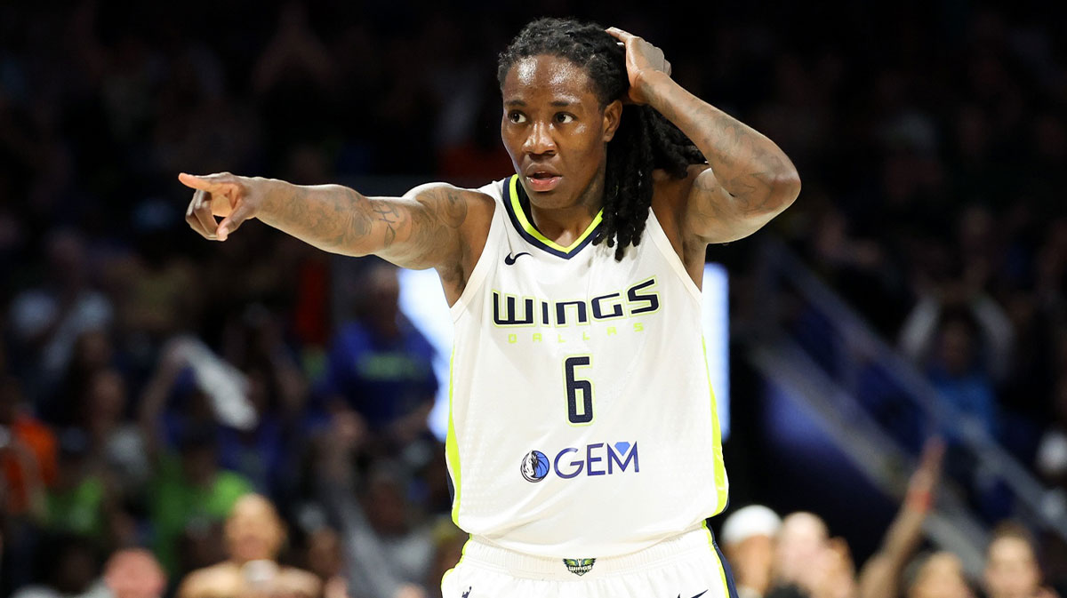 Dallas Wings forward Natasha Howard (6) reacts during the second half against the Indiana Fever at College Park Center.