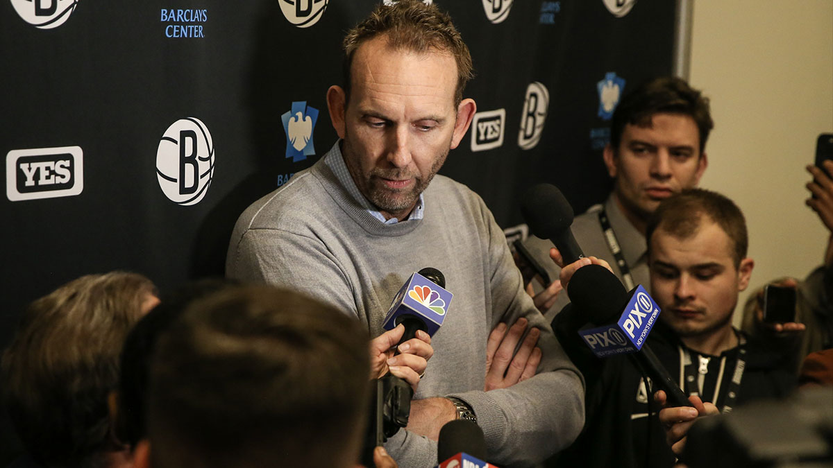 Brooklyn Nets General Manager Sean Marks addresses the media prior to the game against the Chicago Bulls at Barclays Center.