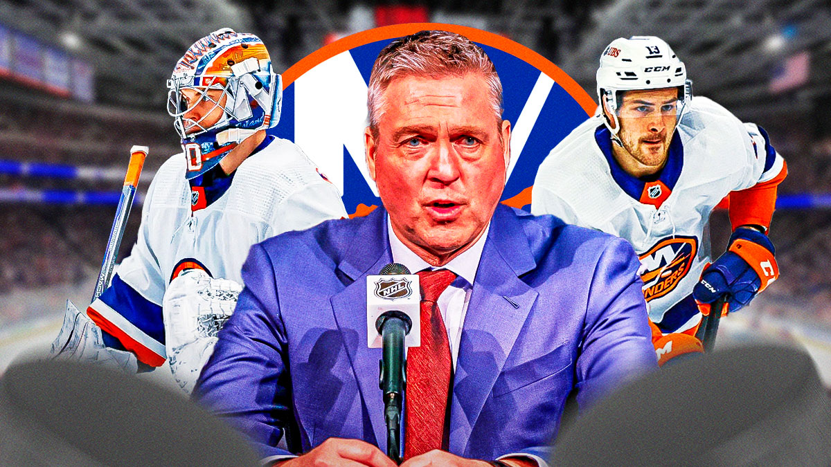 Patrick Roy, Ilya Sorokin, Mathew Barzal. Islanders logo behind them