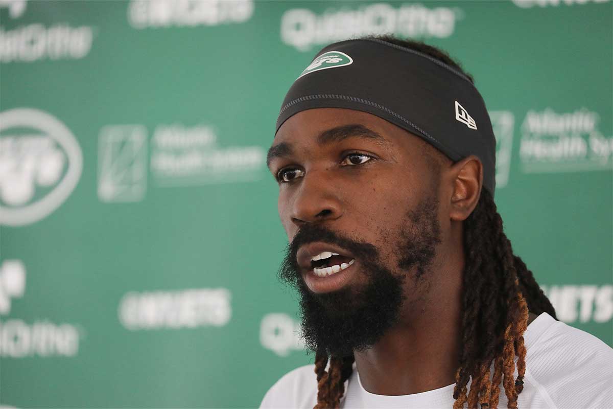 Florham Park, NJ July 19, 2023 -- Linebacker, CJ Mosely being interviewed as players arrived today to participate in the NY Jets 2023 Training Camp at their practice facility in Florham Park, NJ.