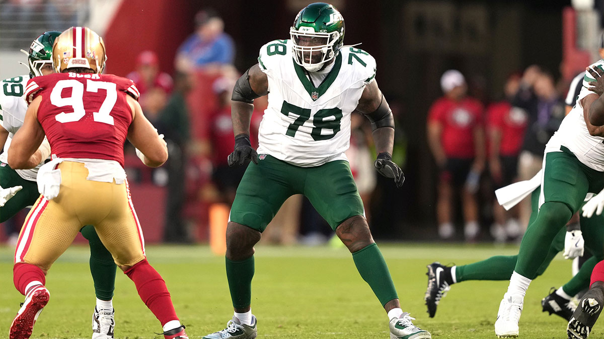 Sep 9, 2024; Santa Clara, California, USA; New York Jets offensive tackle Morgan Moses (78) during the third quarter against the San Francisco 49ers at Levi's Stadium.