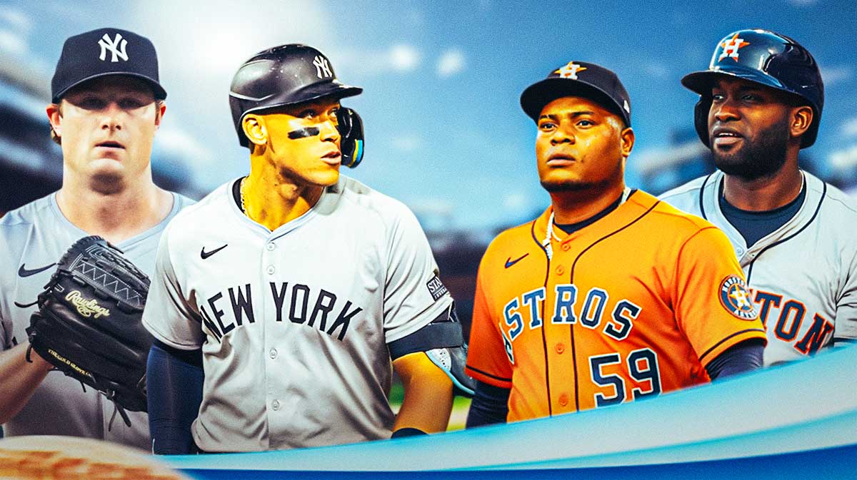 New York Yankees player Gerrit Cole, New York Yankees player Aaron Judge, Houston Astros player Framber Valdez, and Houston Astros player Yordan Alvarez