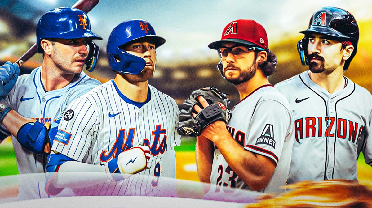 New York Mets players Pete Alonso and Brandon Nimmo smiling on one side - Arizona Diamondbacks players Zac Gallen and Corbin Carroll smiling on the other