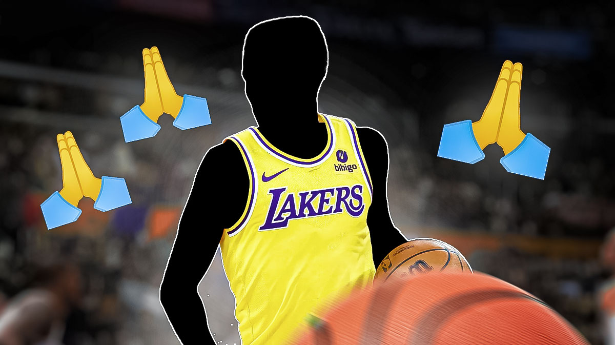 NBA player silouhette in a Lakers jersey and prayer hand emojis surrounding.