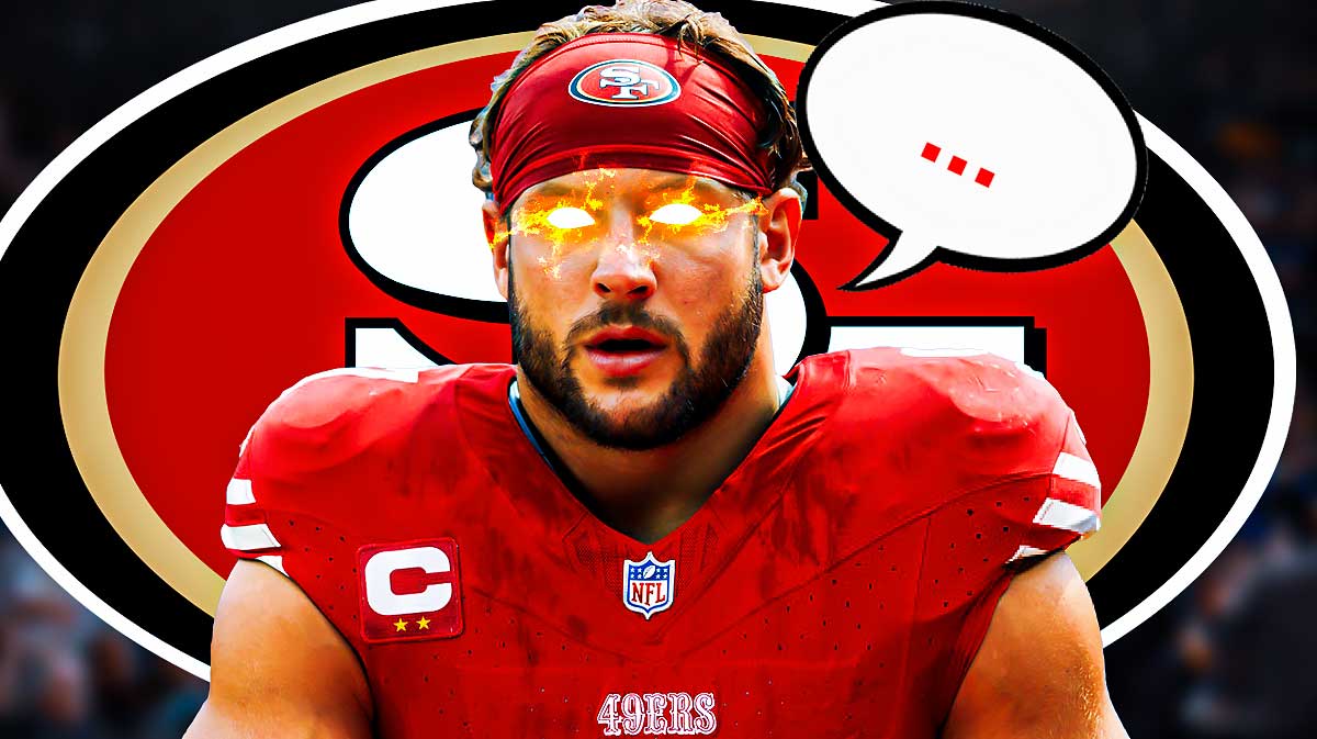 San Francisco 49ers defensive end Nick Bosa with fire emojis over his eyes. He also has a speech bubble with the three dots emoji inside. There is also a logo for the San Francisco 49ers.