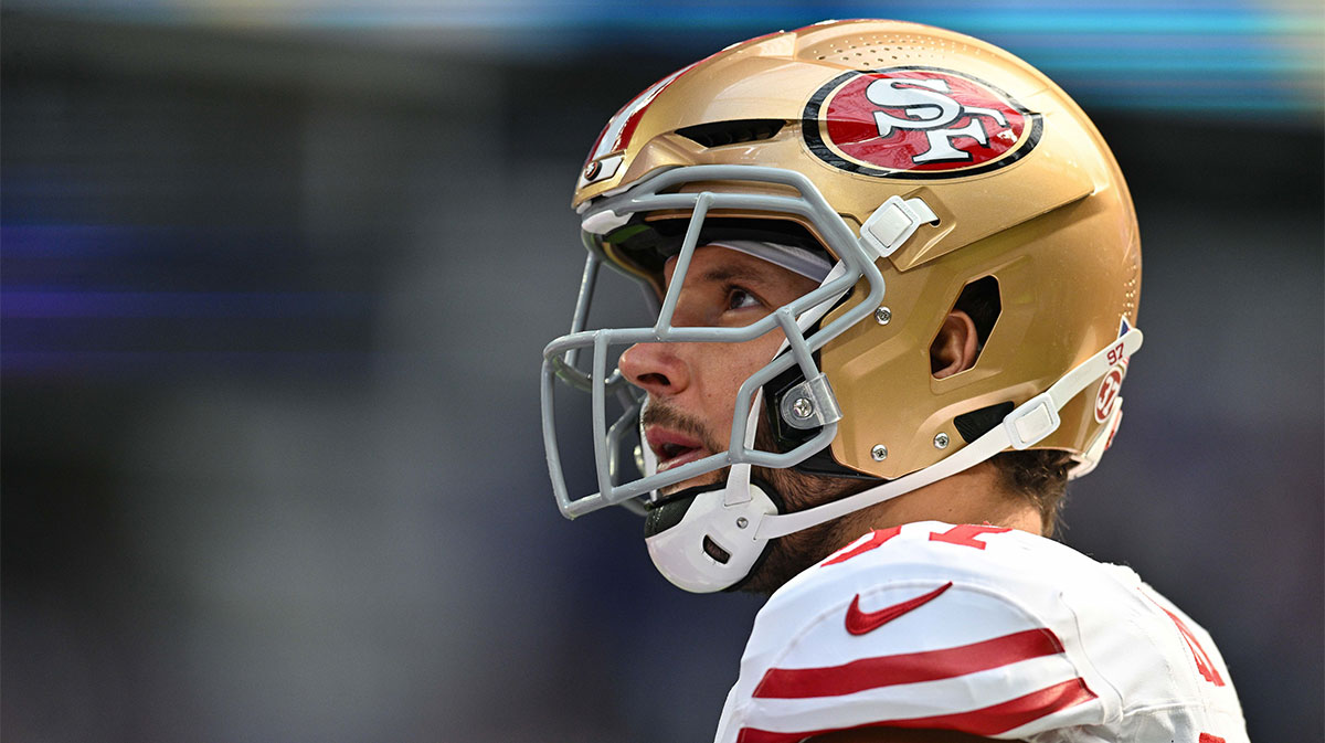 San Francisco 49ers defensive end Nick Bosa (97) looks on before the game against the Minnesota Vikings at U.S. Bank Stadium.