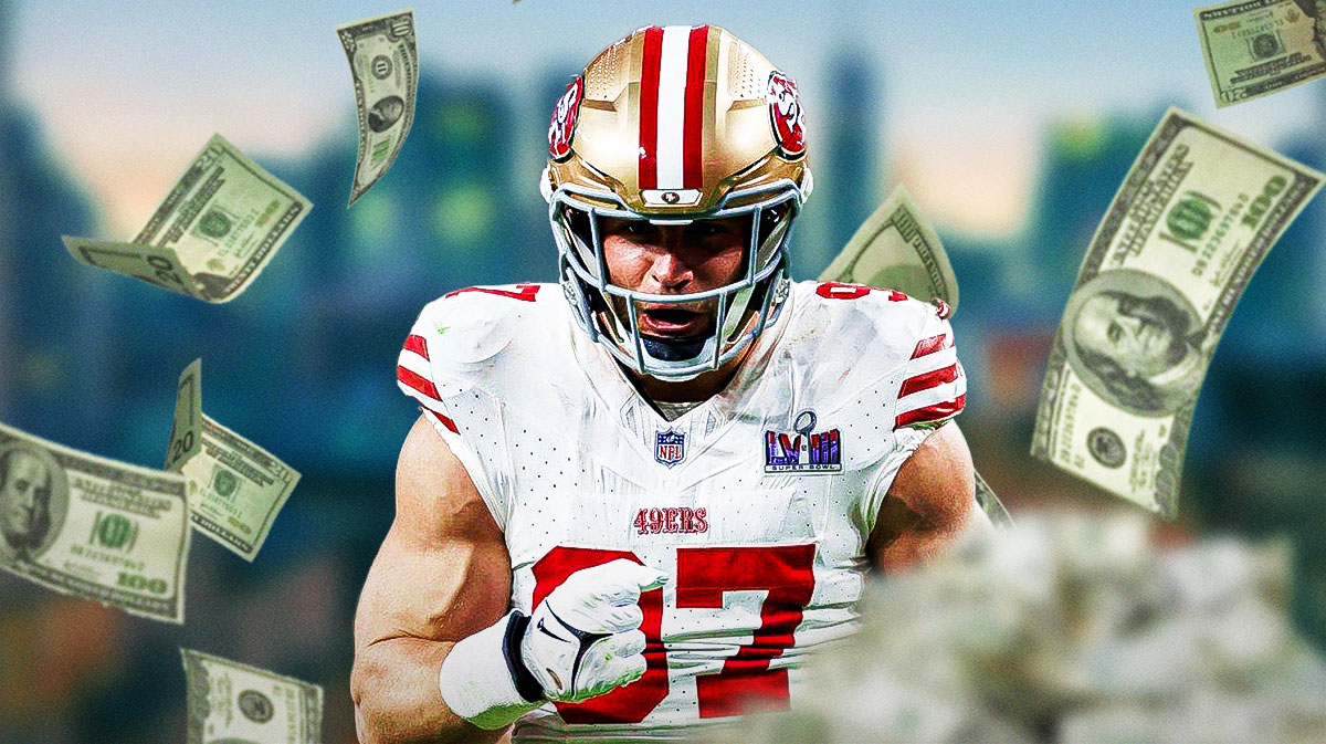 Nick Bosa surrounded by cash to signify his net worth.