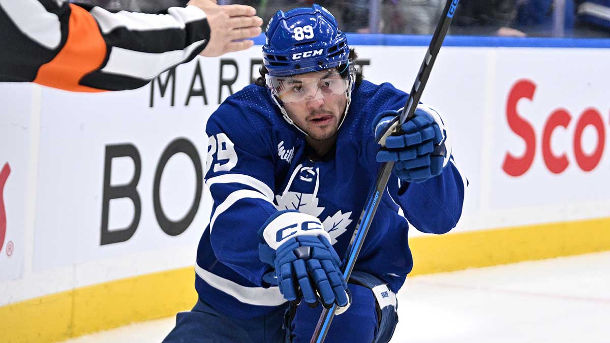 Toronto Maple Leafs forward Nick Robertson (89) celebrates after scoring a goal against the Florida Panthers in the first period at Scotiabank Arena.