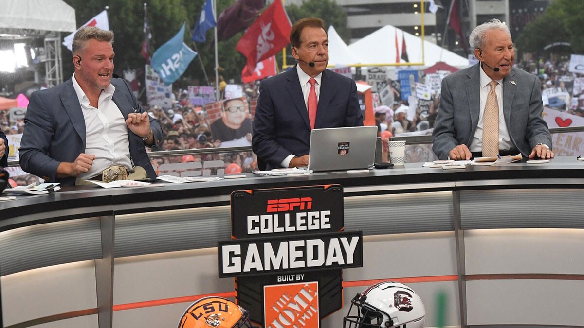 Pat McAfee Nick Saban, and Lee Corso before live broadcast during ESPN Gameday near Williams-Brice Stadium in Columbia, S.C.