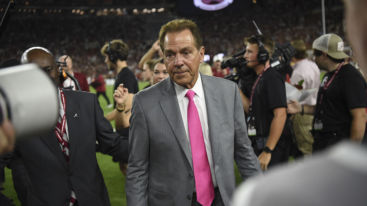 Nick Saban walks off the field after it was renamed in his honor at Bryant-Denny Stadium during halftime of Alabamaís win over South Florida 42-16.