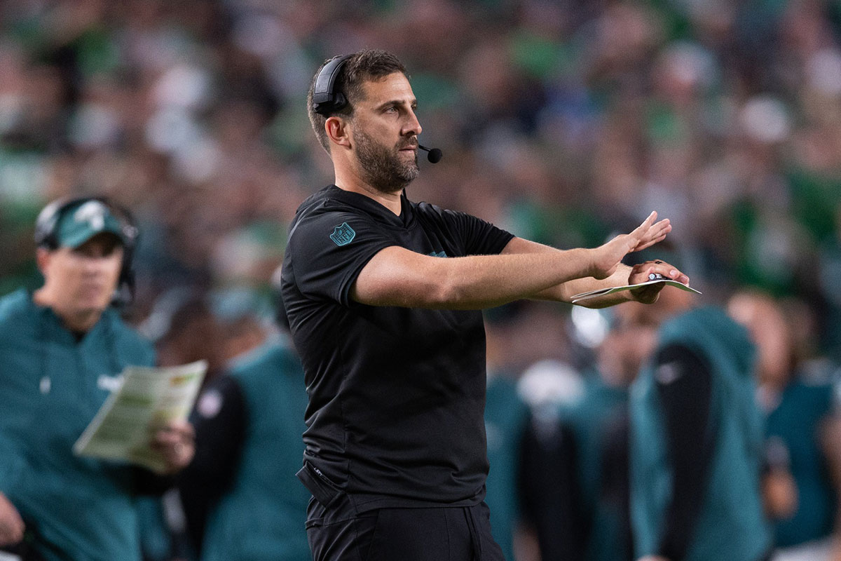 Sep 16, 2024; Philadelphia, Pennsylvania, USA; Philadelphia Eagles head coach Nick Sirianni reacts during the fourth quarter against the Atlanta Falcons at Lincoln Financial Field.