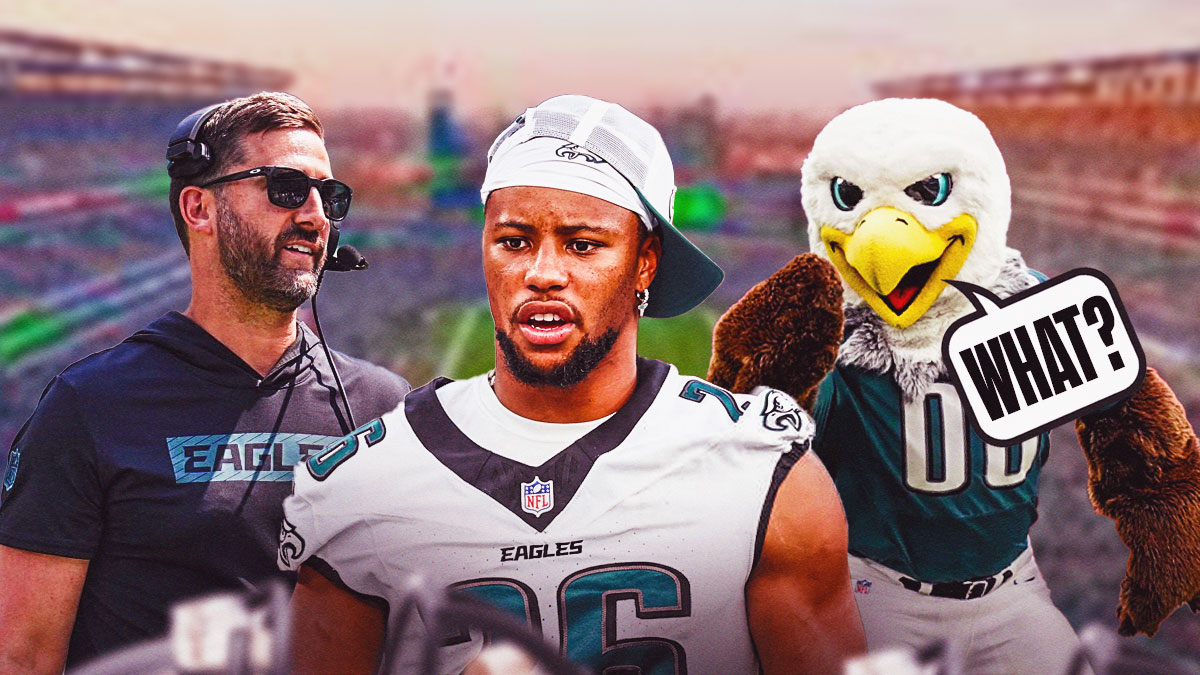 Nick Sirianni on the left, Saquon Barkley in the middle, and mascot Swoop with a text bubble reading "What?" with Lincoln Financial Field as the background.