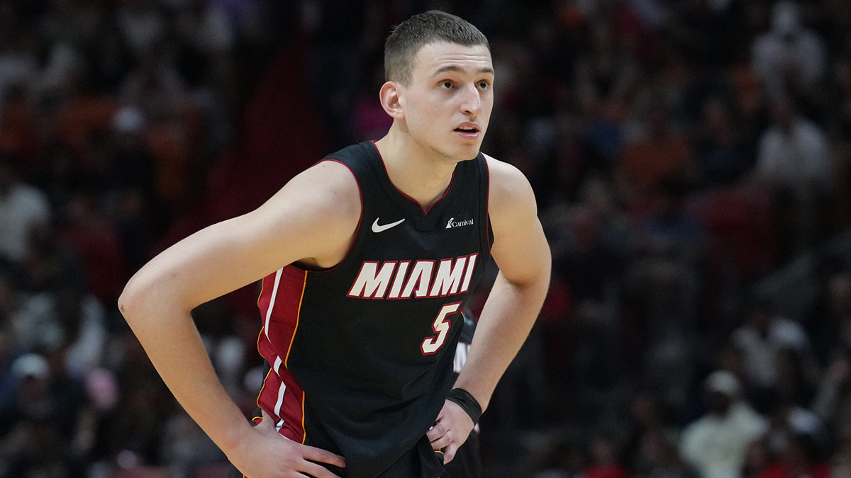 Miami Heat forward Nikola Jovic (5) during a game against the Utah Jazz at Kaseya Center.