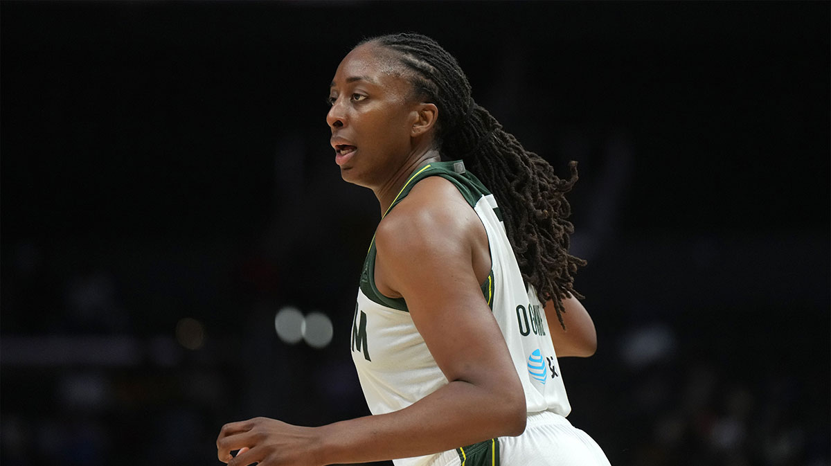 Seattle Storm forward Nneka Ogwumike (3) reacts against the LA Sparks in the second half at Crypto.com Arena. Mandatory Credit: