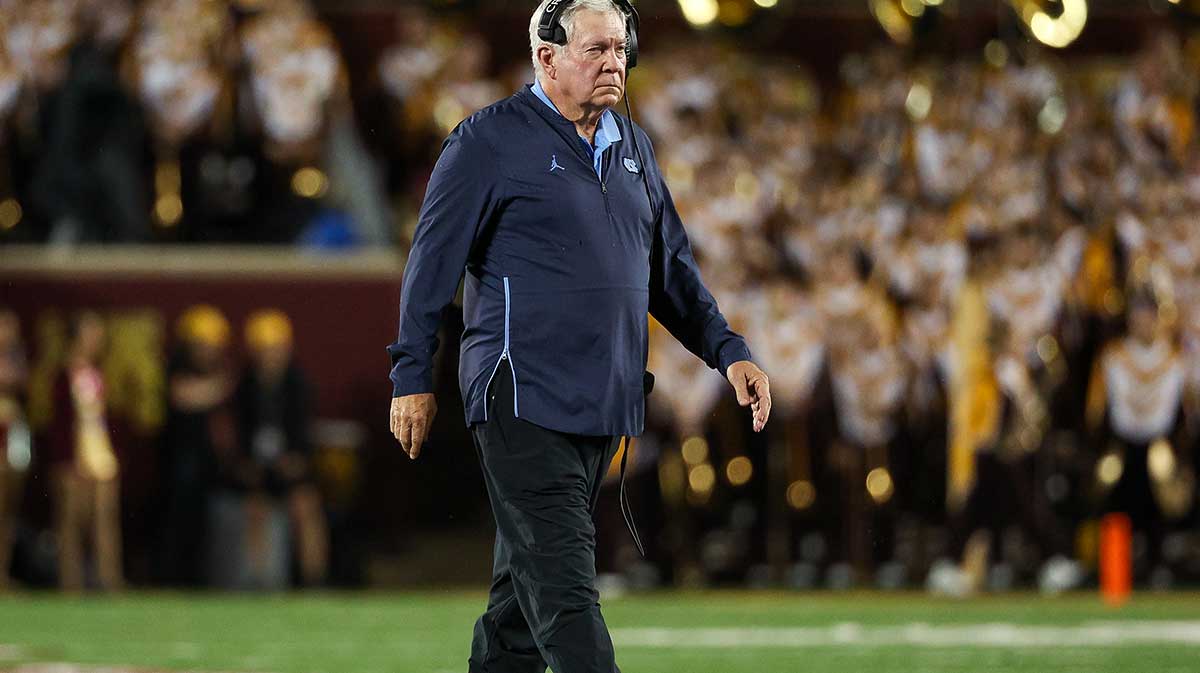 North Carolina Tar Heels head coach Mack Brown looks on during the first half against the Minnesota Golden Gophers at Huntington Bank Stadium.