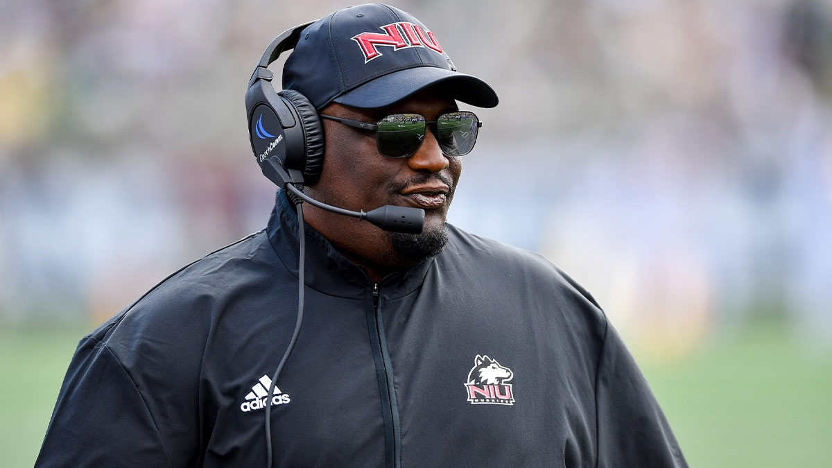 Northern Illinois Huskies head coach Thomas Hammock watches in the first quarter against the Notre Dame Fighting Irish at Notre Dame Stadium
