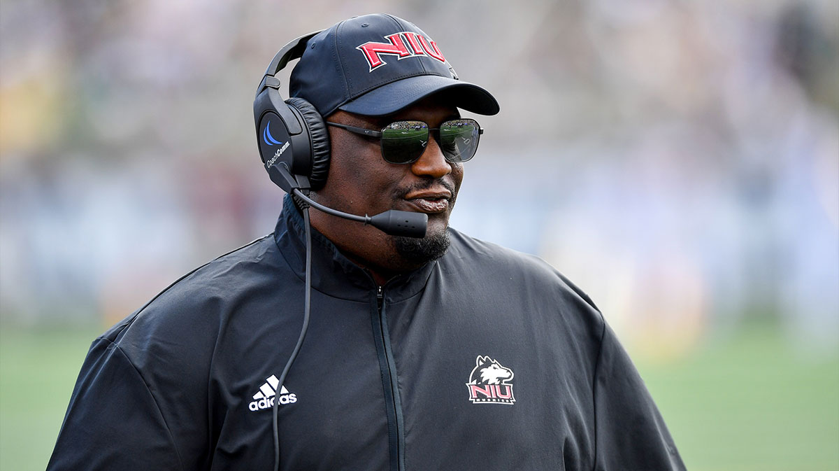 Northern Illinois Huskies head coach Thomas Hammock watches the first quarter against the Notre Dame Fighting Irish at Notre Dame Stadium. 