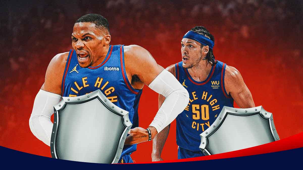 Nuggets' Aaron Gordon and Russell Westbrook hyped up while holding huge shields