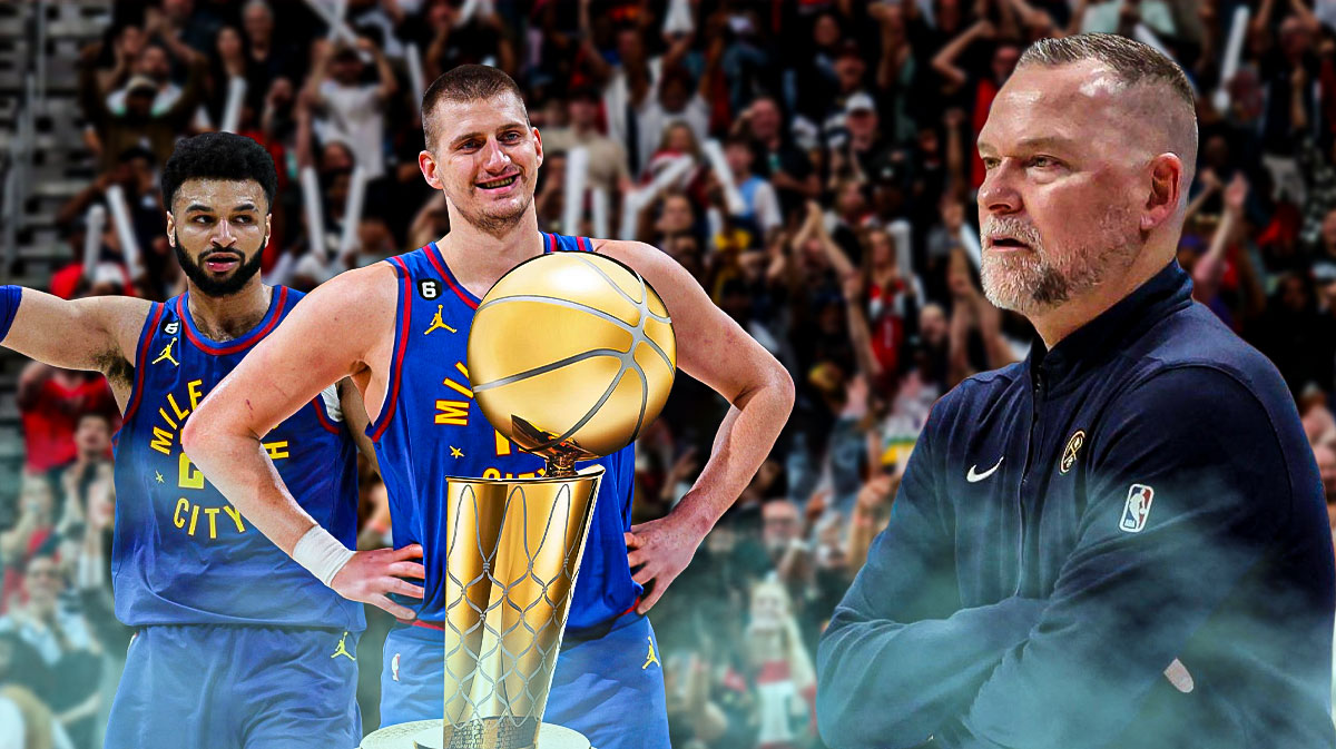 Nuggets' Michael Malone with NBA FInals trophy and Nikola Jokic/Jamal Murray