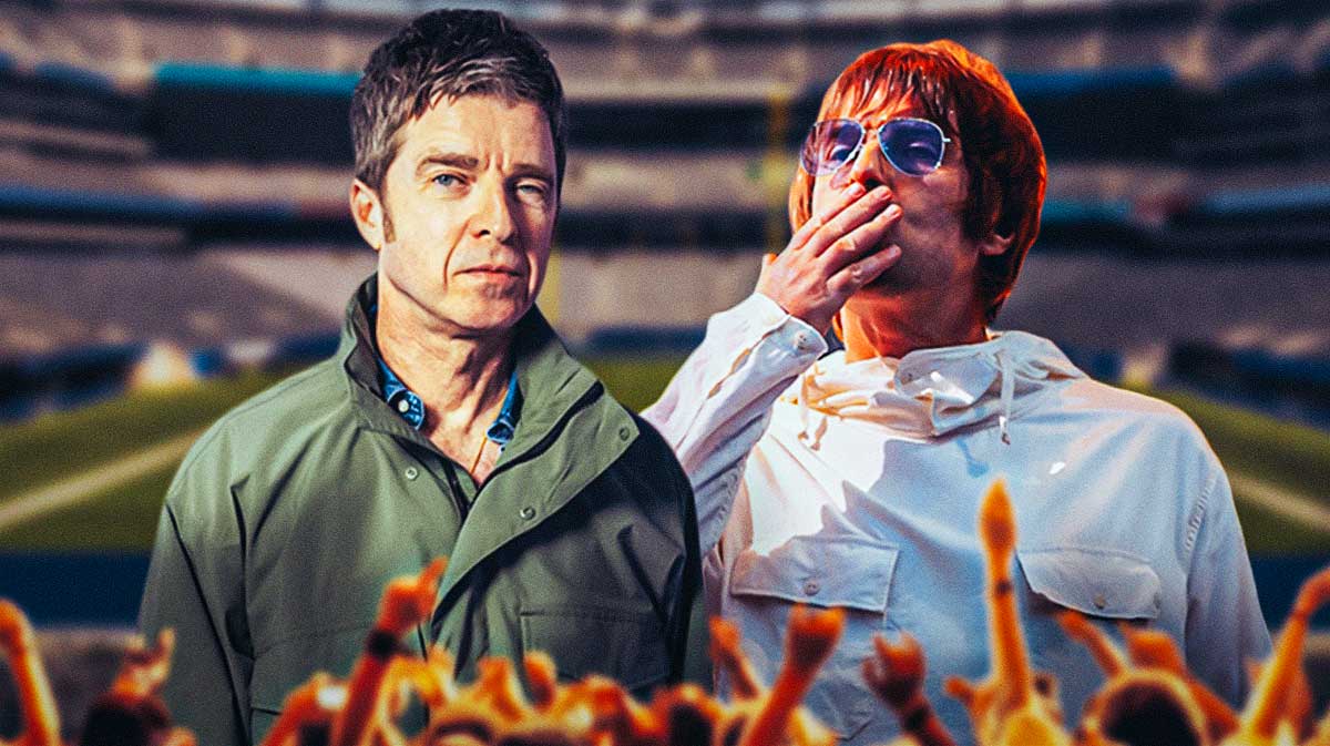 Noel and Liam Gallagher of Oasis ahead of 2025 reunion tour with MetLife Stadium background.