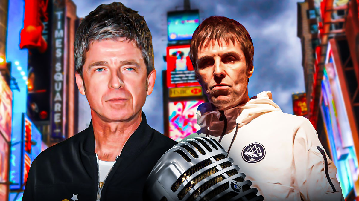 Oasis members Noel and Liam Gallagher ahead of their 2025 reunion tour dates with Times Square background.