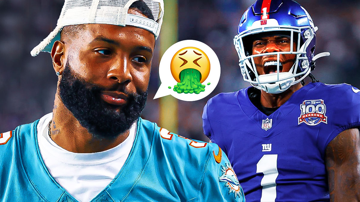 Odell Beckham Jr. with speech bubble containing "vomit" emoji beside Malik Nabers