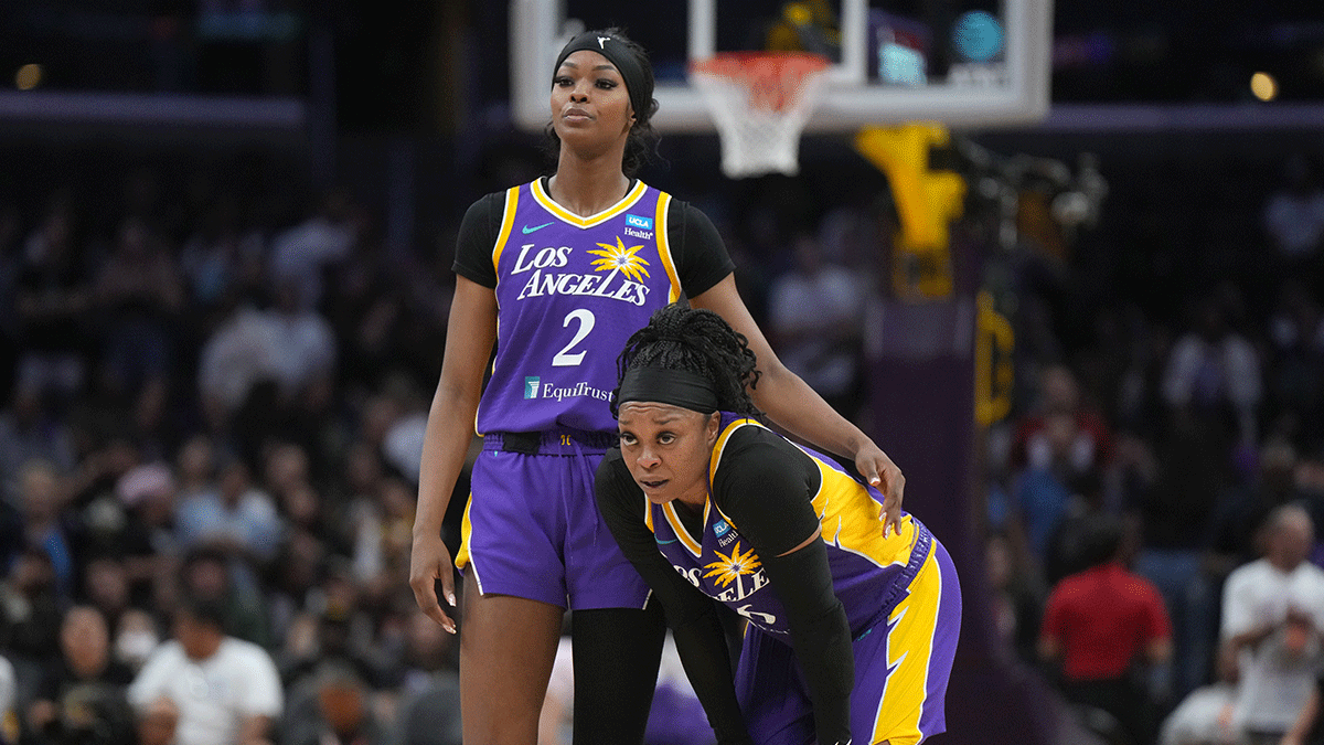 LA Sparks forward Rickea Jackson (2) and guard Odyssey Sims (6) react in the second half against the New York Liberty at Crypto.com Arena.